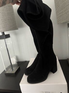 Black Suede Knee-High Block Heel Boots